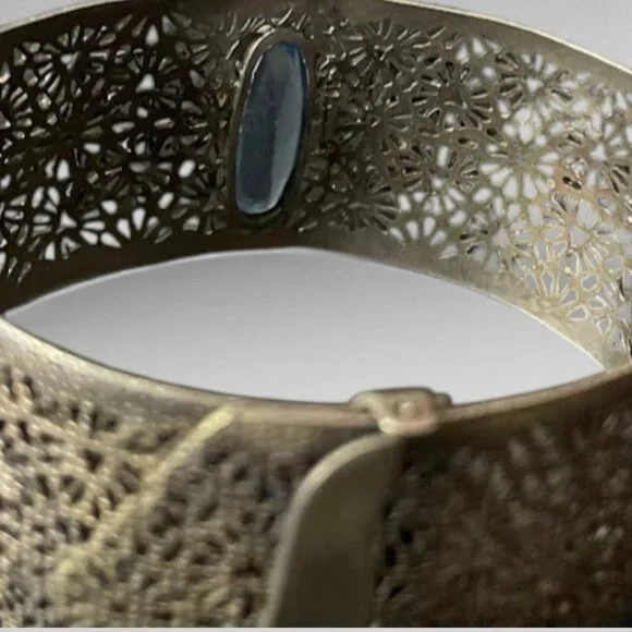 Antique Art Deco Wide Filigree Blue Glass Center Stone Buckle Bracelet - Picture 5 of 13